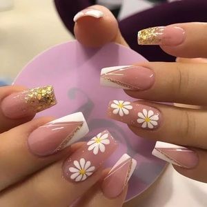 24pcs Gold Glitter Sequin False Nails French Flower Full Cover Press On Naills